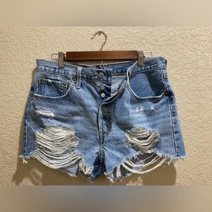 Levi's Light Blue Distressed High-Rise Denim Shorts